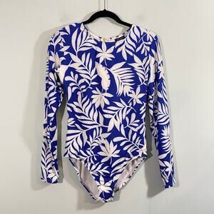 Kate Spade Blue Floral Long Sleeve Paddle Rash Guard One Piece Swimsuit Size M